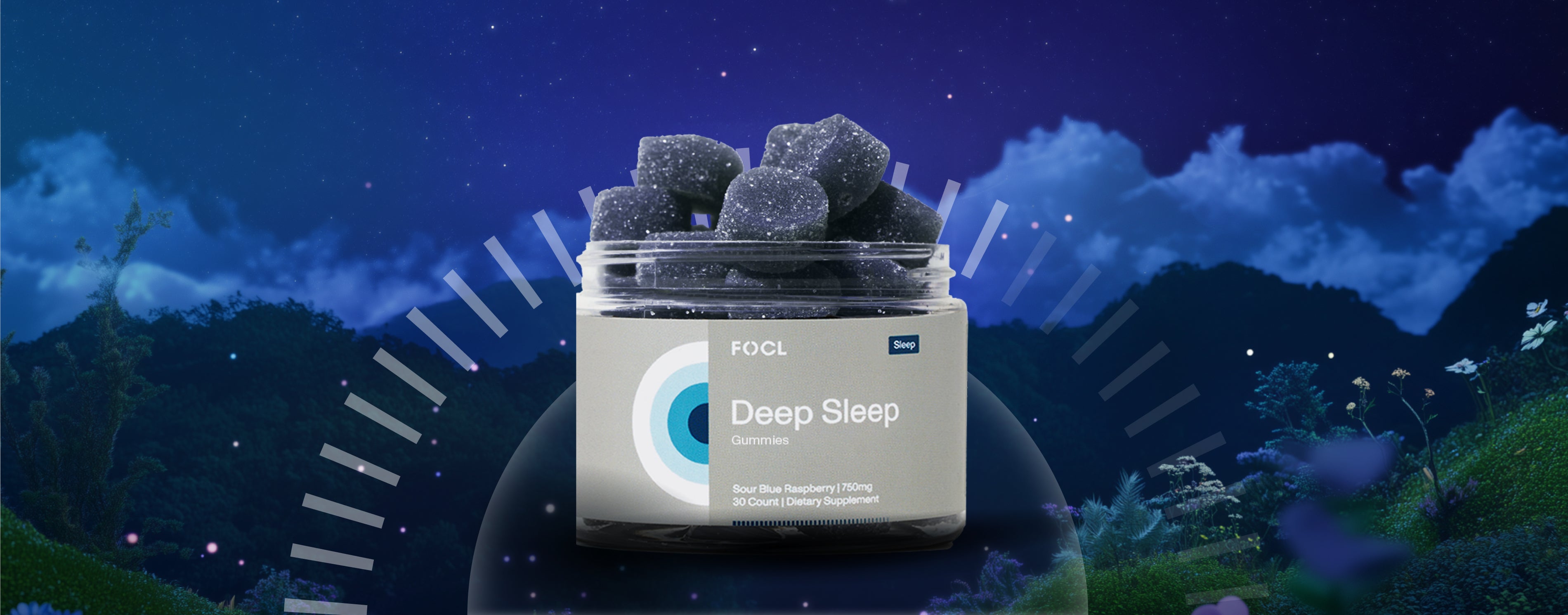 FOCL Deep Sleep Gummies jar surrounded by dreamy blue night sky and glowing landscape — Sour Blue Raspberry sleep supplement designed to promote deep, restorative rest.