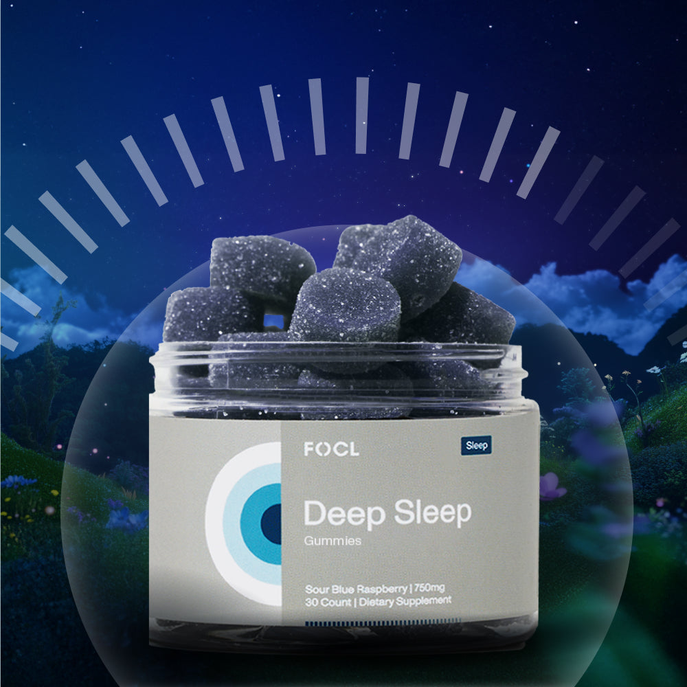 FOCL Deep Sleep Gummies jar surrounded by dreamy blue night sky and glowing landscape — Sour Blue Raspberry sleep supplement designed to promote deep, restorative rest.