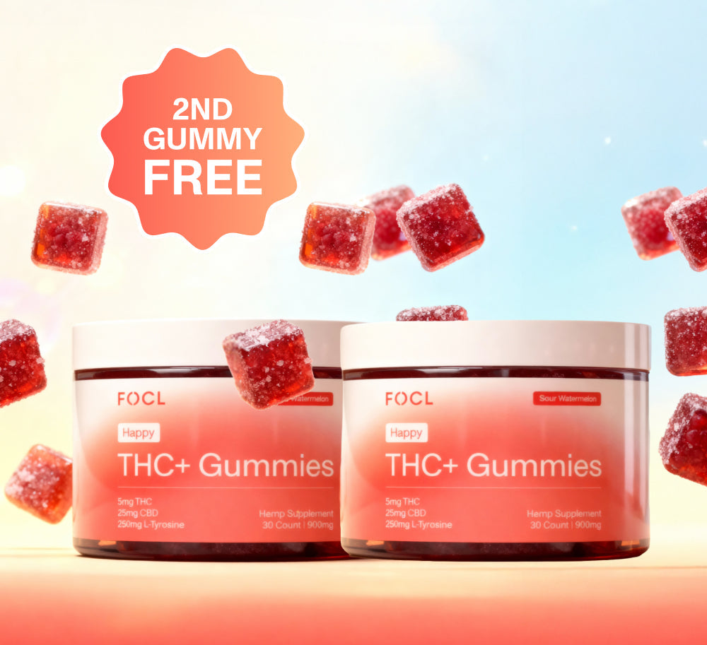 FOCL THC+ Gummies jars with scattered gummies on a gradient background