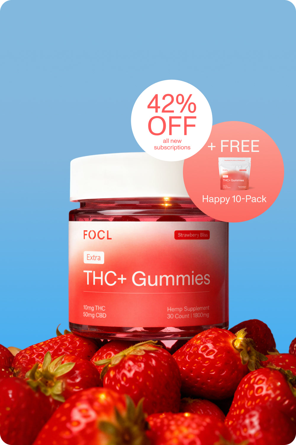 Jar of THC+ Gummies with strawberries on a blue background, featuring a discount offer.