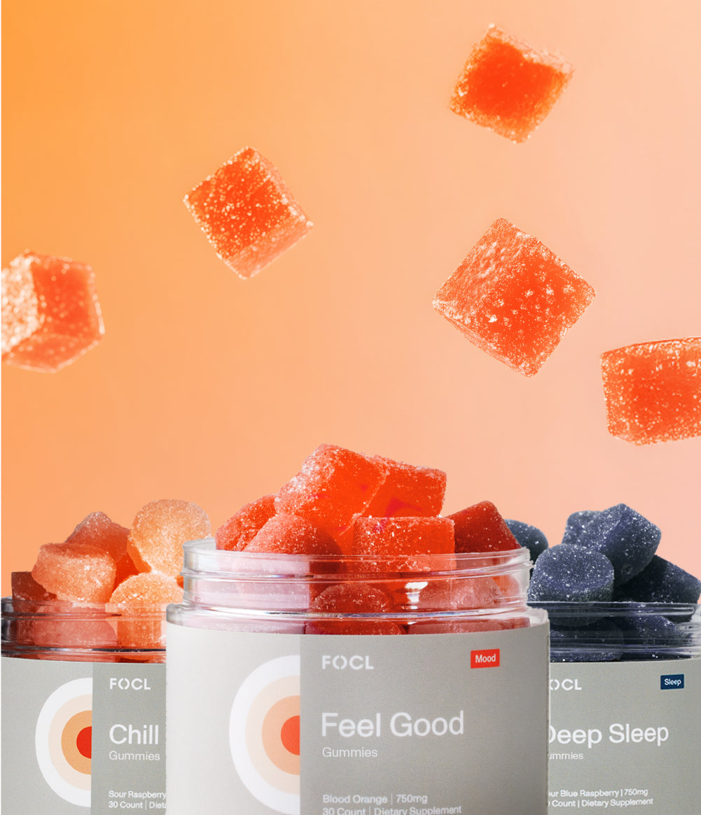 FOCL wellness supplements in eco-friendly packaging - promoting better sleep, calm, and focus.