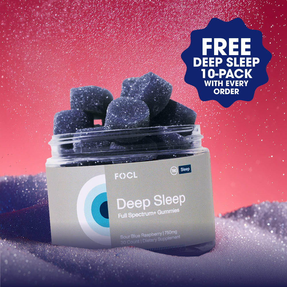 FOCL Deep Sleep Full Spectrum+ Gummies in an open jar with a “Free Deep Sleep 10-Pack with Every Order” badge on a sparkling night-sky background.