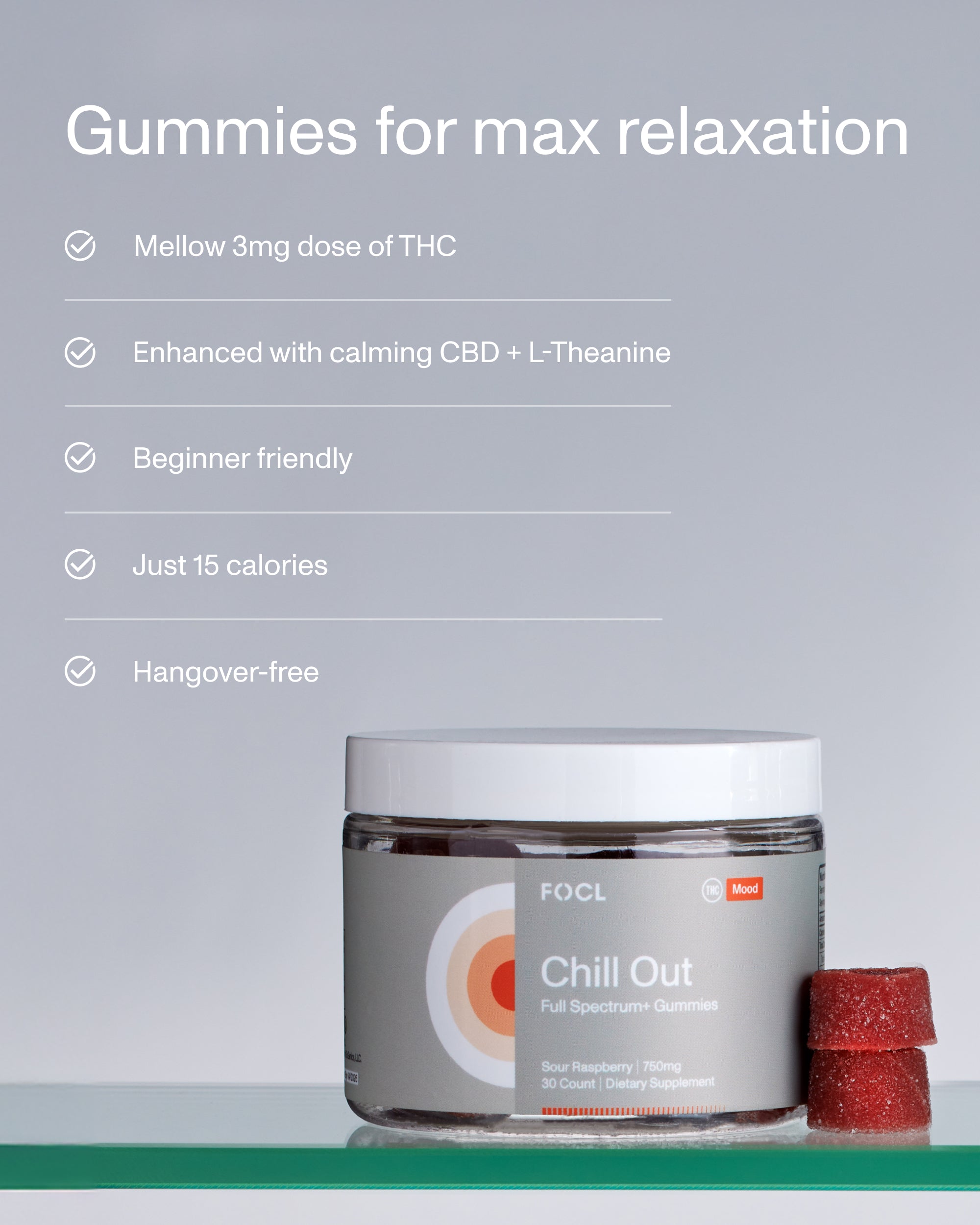 FOCL ChillOut Gummies - Plant-based wellness supplement for calm and relaxation.