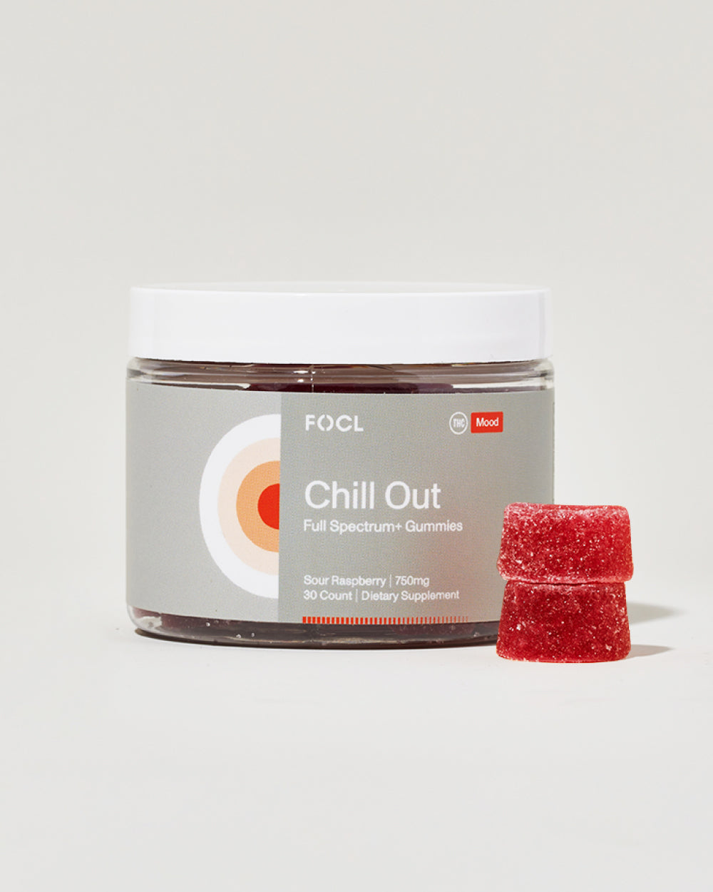 FOCL Chill Out Gummies in packaging - plant-based wellness supplement for calm and relaxation.