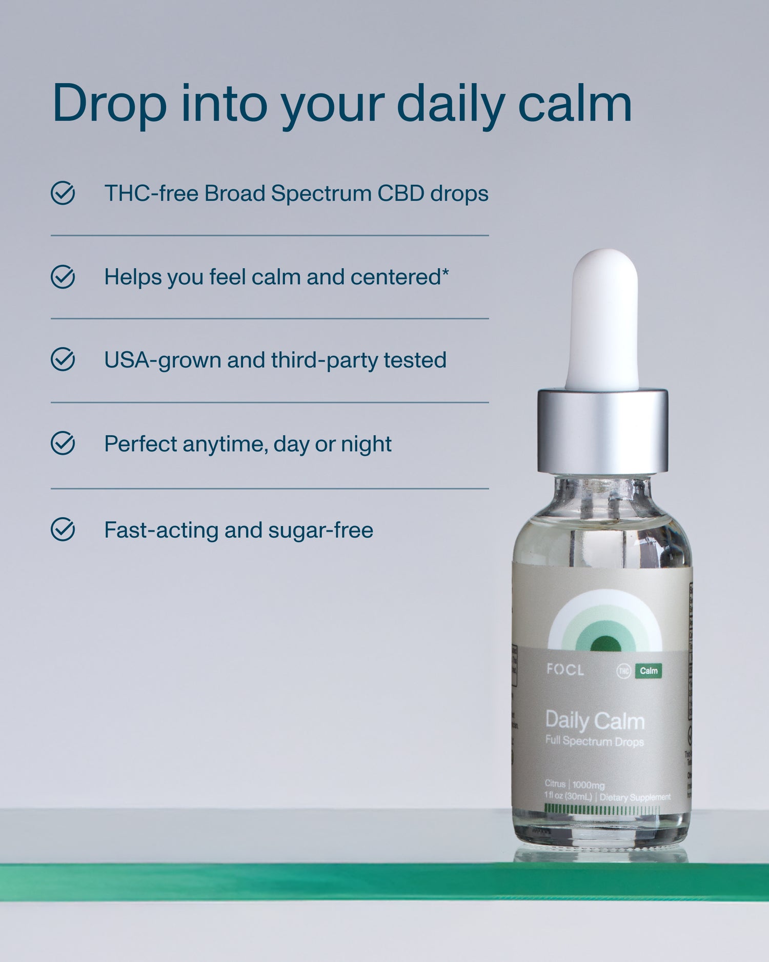 FOCL Daily Calm Drops in a sleek bottle Plant-based stress relief solution.