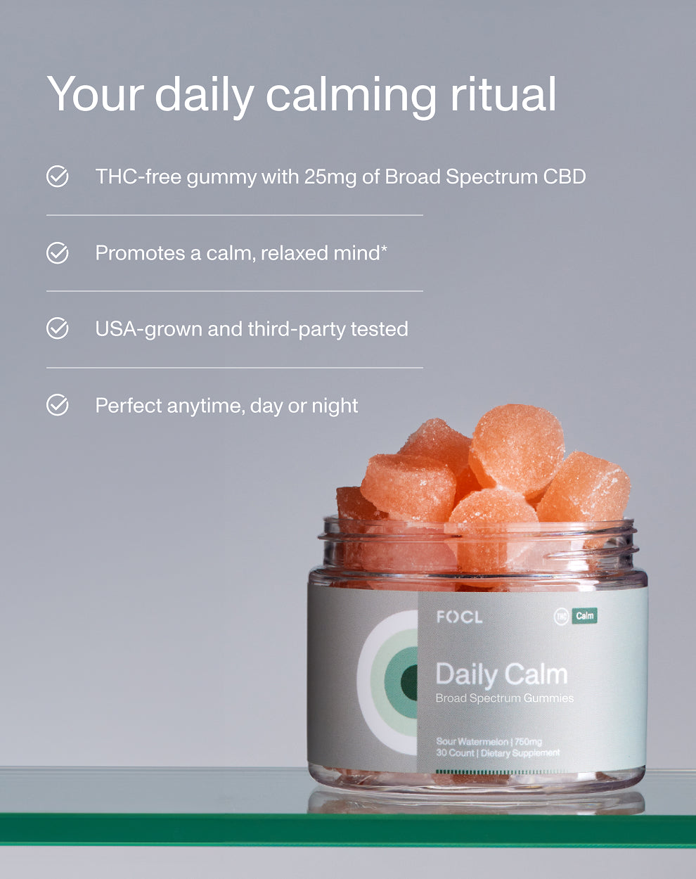 FOCL Daily Calm Gummies packaging - natural plant-based stress relief supplement.