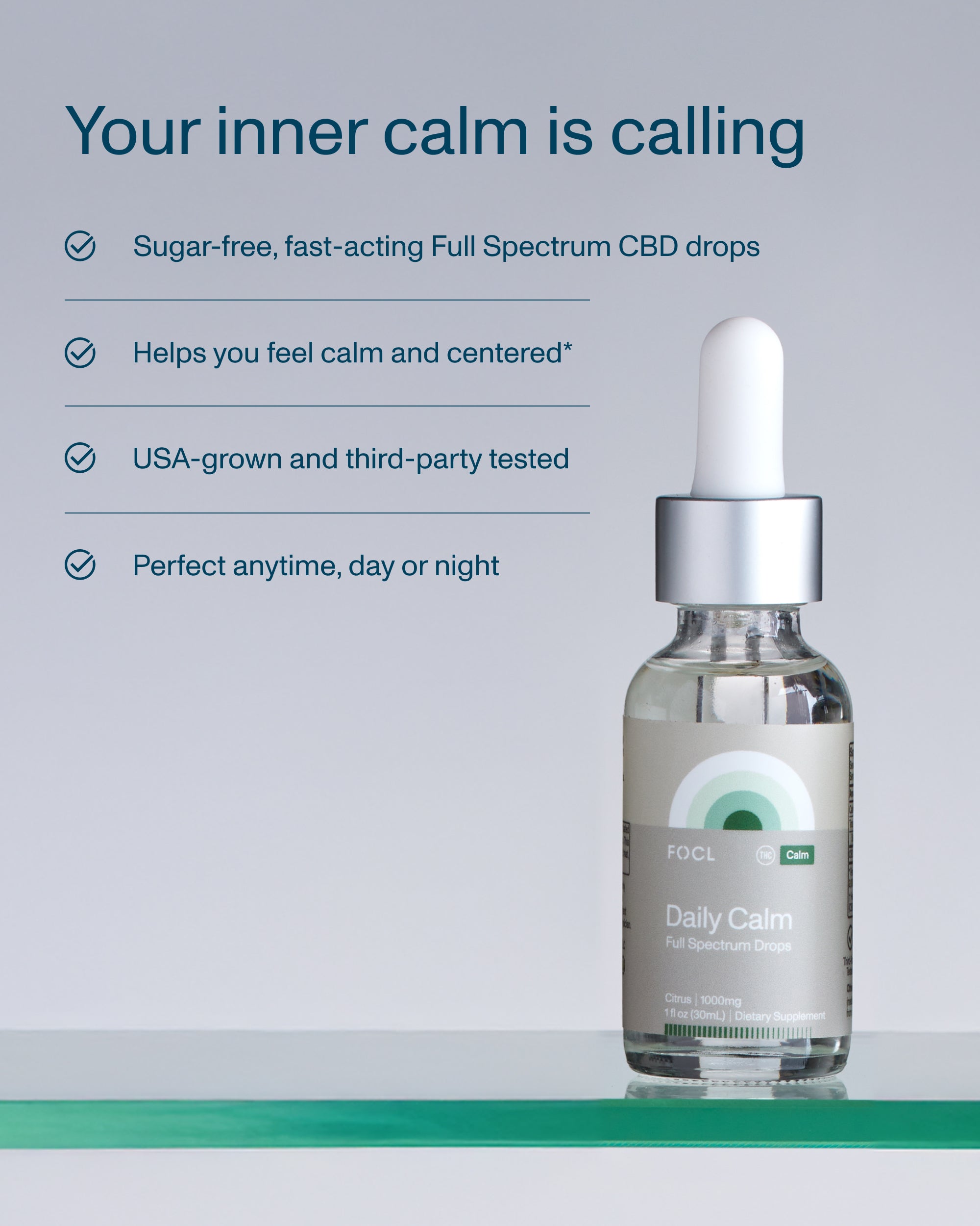 FOCL Daily Calm Drops bottle - plant-based supplement for stress relief and calm.