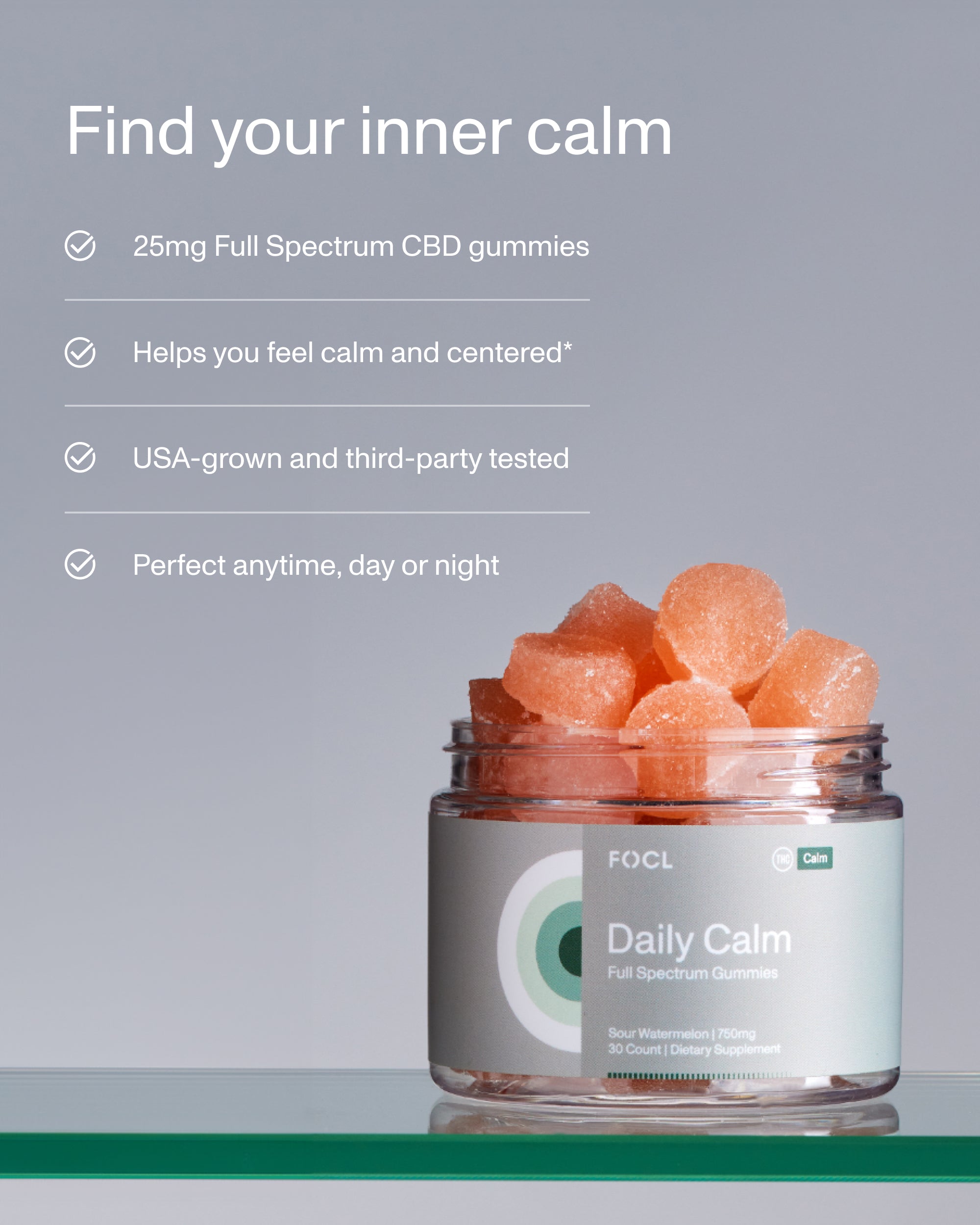 FOCL Daily Calm Gummies packaging - plant-based, functional ingredients for stress relief and calm.