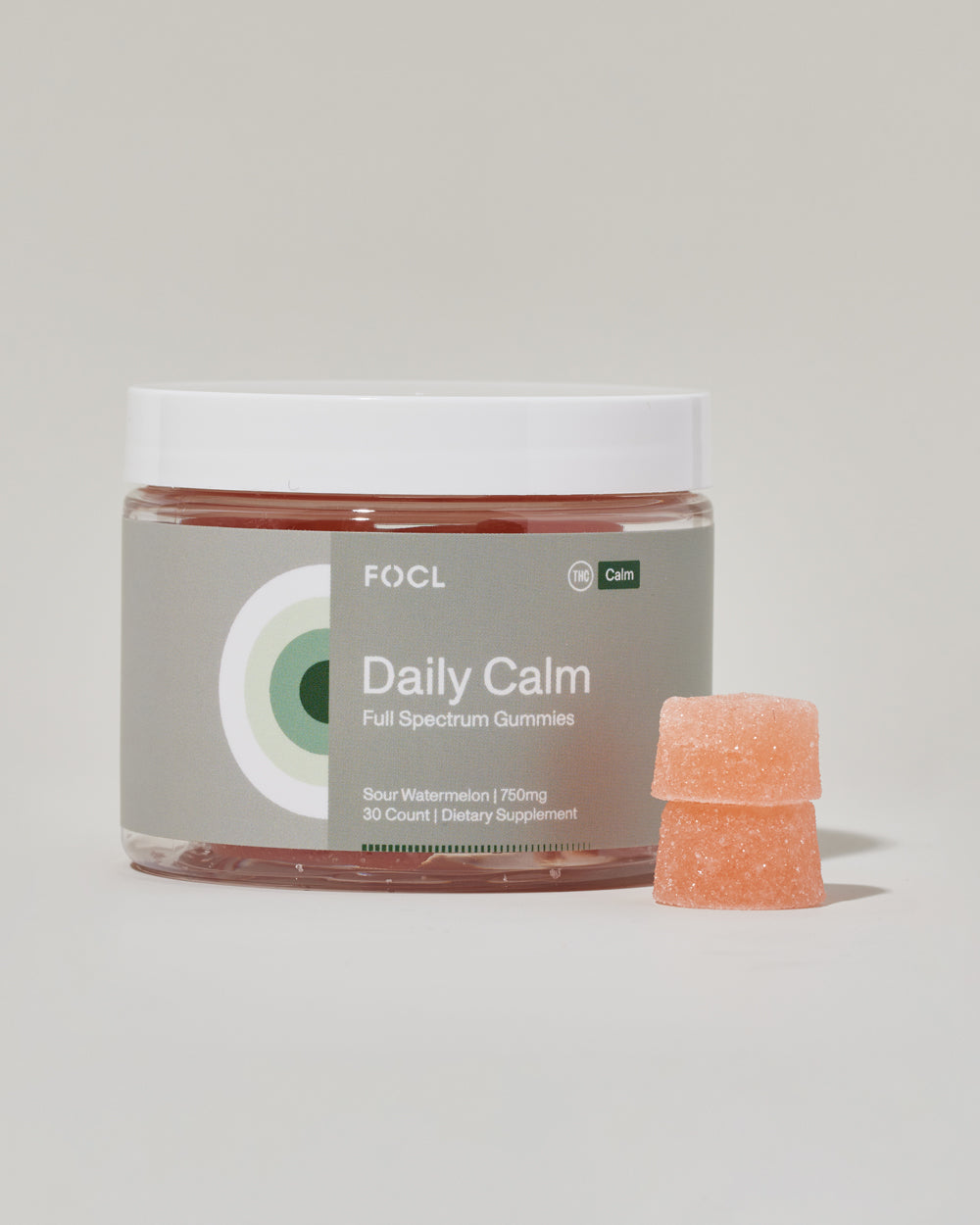 FOCL Daily Calm Gummies packaging Premium wellness supplement for stress relief and calm.