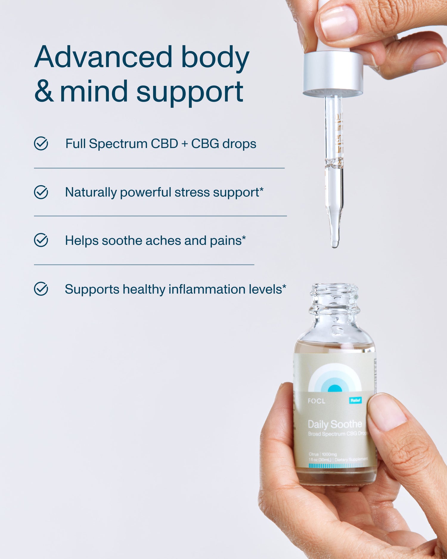 FOCL Daily Soothe Drops bottle - premium wellness supplement for targeted pain relief and calm.