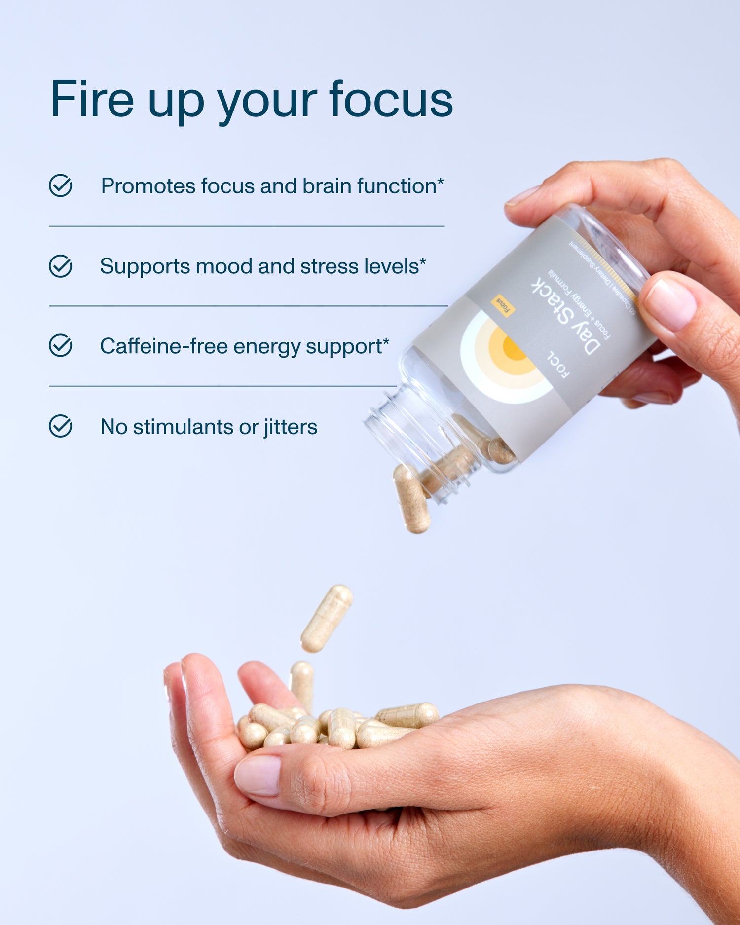 FOCL DayStack 3 supplement bottles - Promoting sleep, calm, focus, and relief with plant-based ingredients.