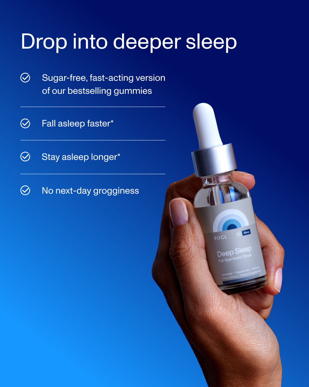 FOCL Deep Sleep Drops in a bottle - Plant-based sleep aid for restful nights.