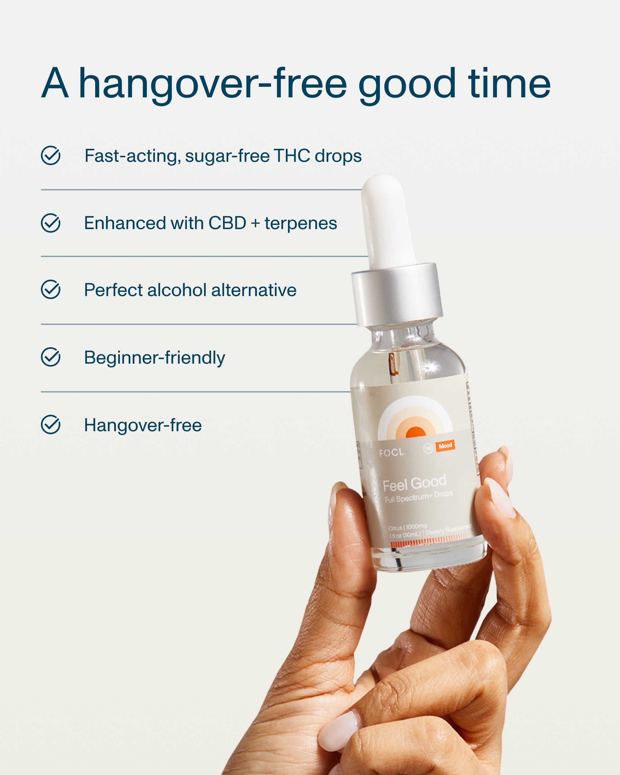 FOCL FeelGood Drops - Premium wellness supplement with CBD, adaptogens, and mushrooms for focused calm and relief.