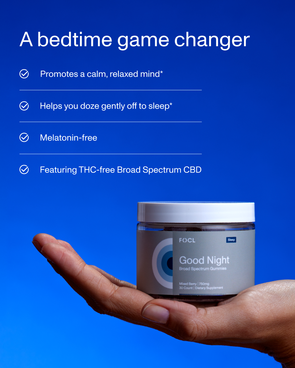 FOCL GoodNight Gummies - Promoting restful sleep with plant-based ingredients.