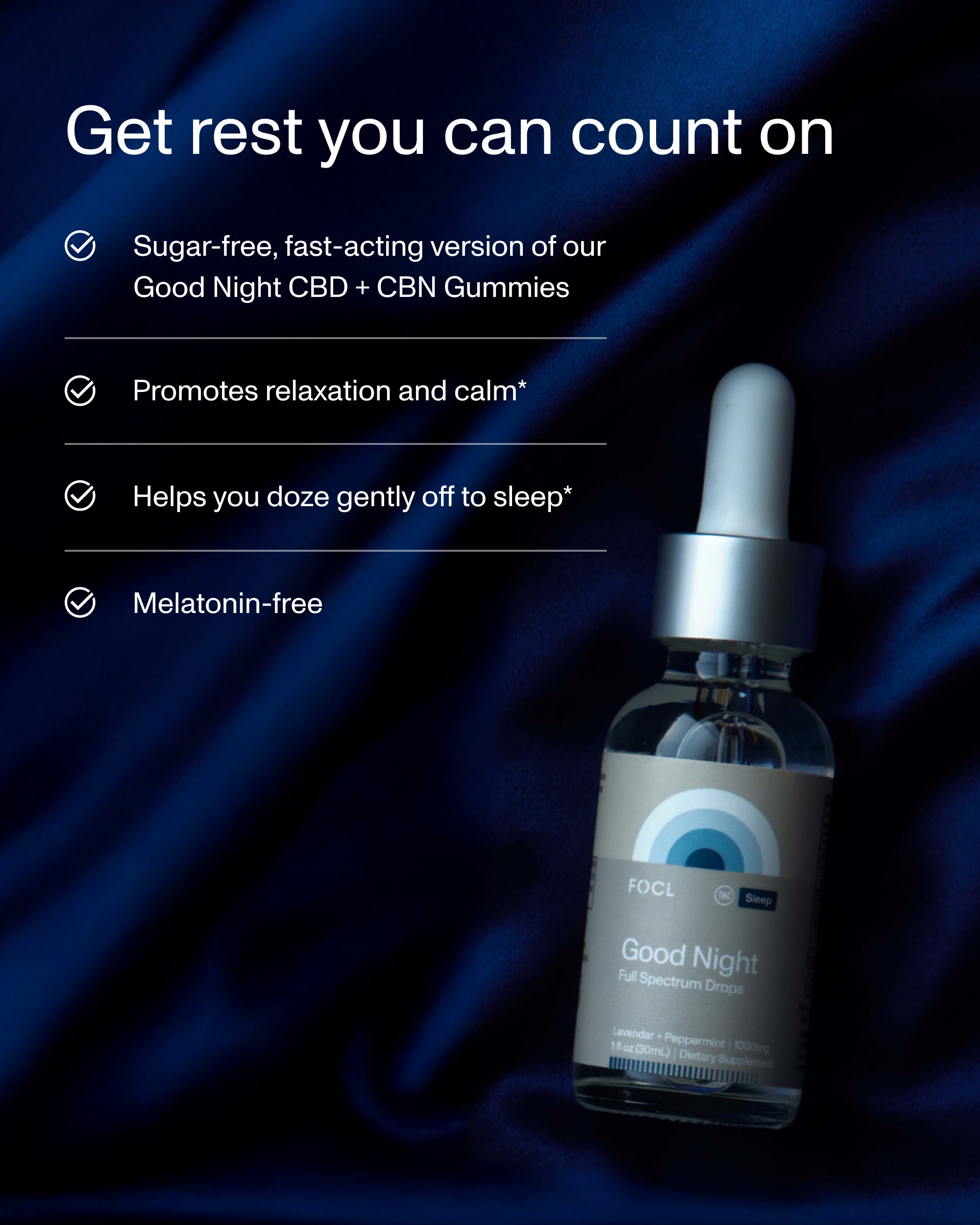 FOCL GoodNight FS Drops bottle - Premium CBD and adaptogen blend for restful sleep support.