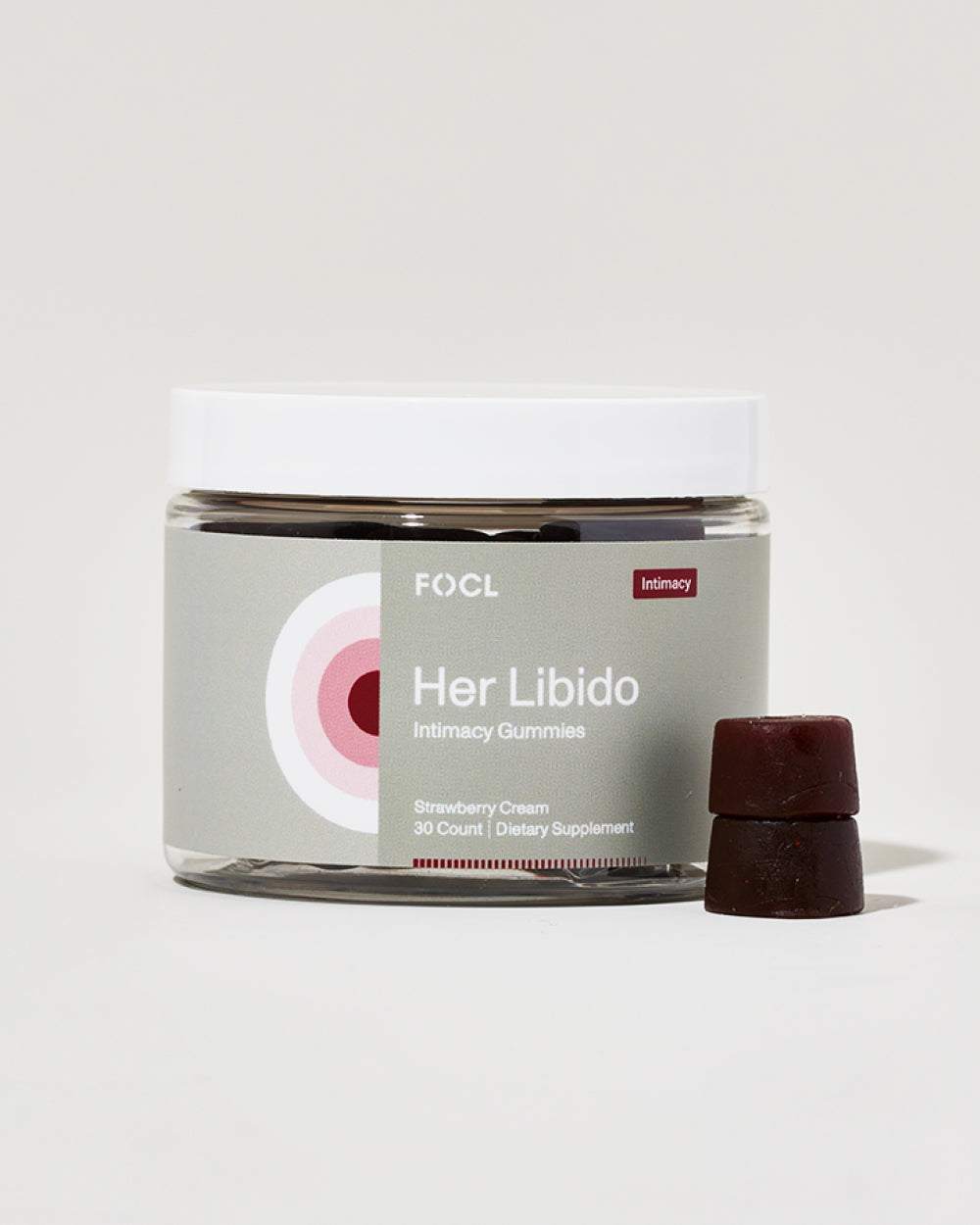FOCL HerLibido Gummies bottle - Plant-based supplements for intimacy support.