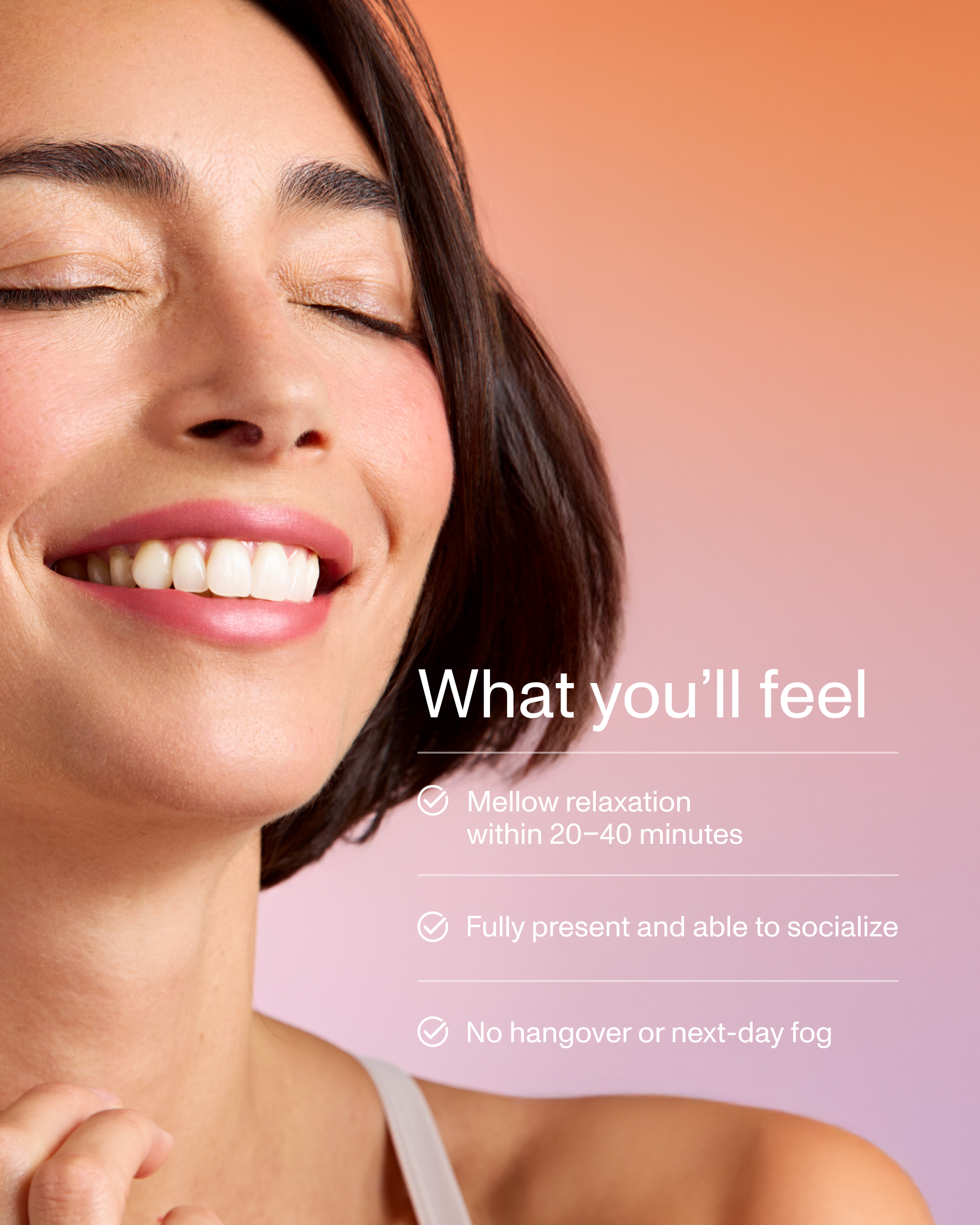 FOCL Kava Gummies promoting happiness and calm with a radiant, joyful expression.