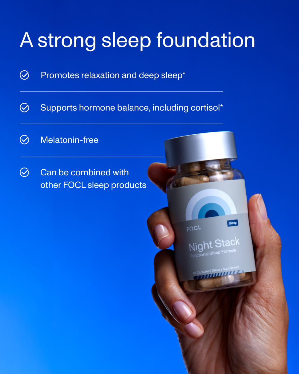FOCL Night Stack supplement pills - Promoting restful sleep and calm with plant-based ingredients.