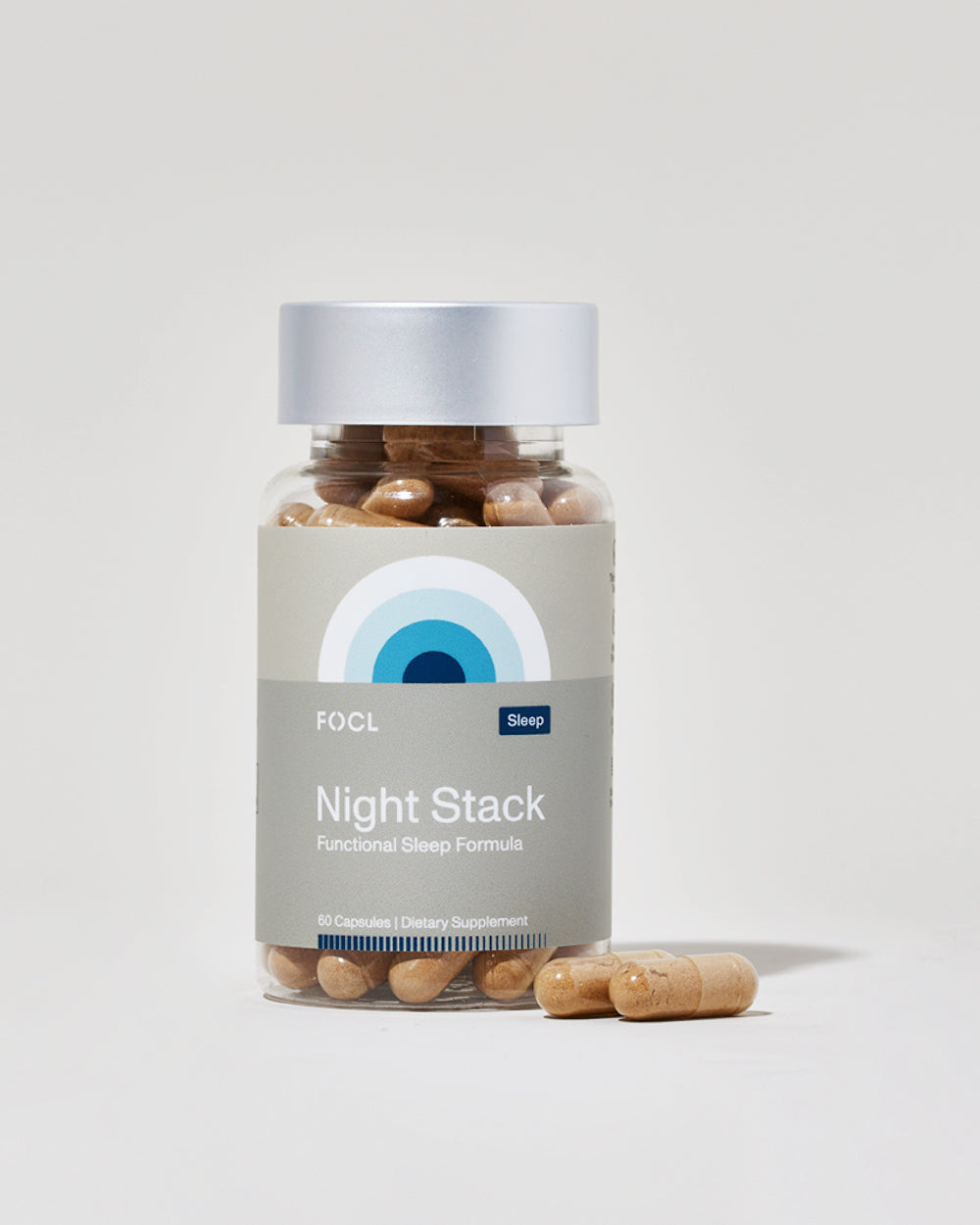 FOCL Night Stack supplement - Plant-based sleep aid with CBD, adaptogens, and mushrooms - Promotes restful sleep and calm.