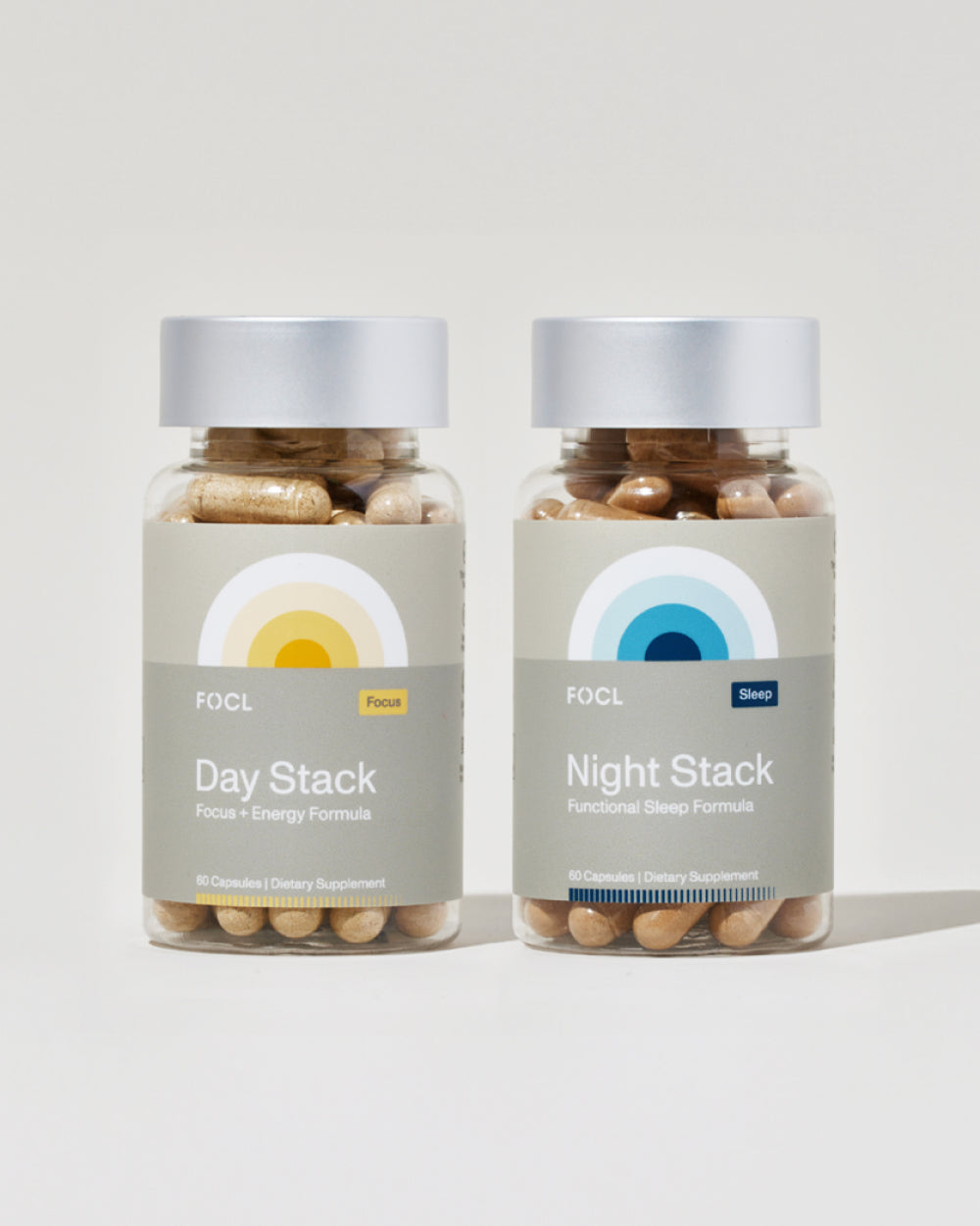 FOCL Stacks Bundle featuring plant-based supplements for sleep, focus, and calm in premium packaging.