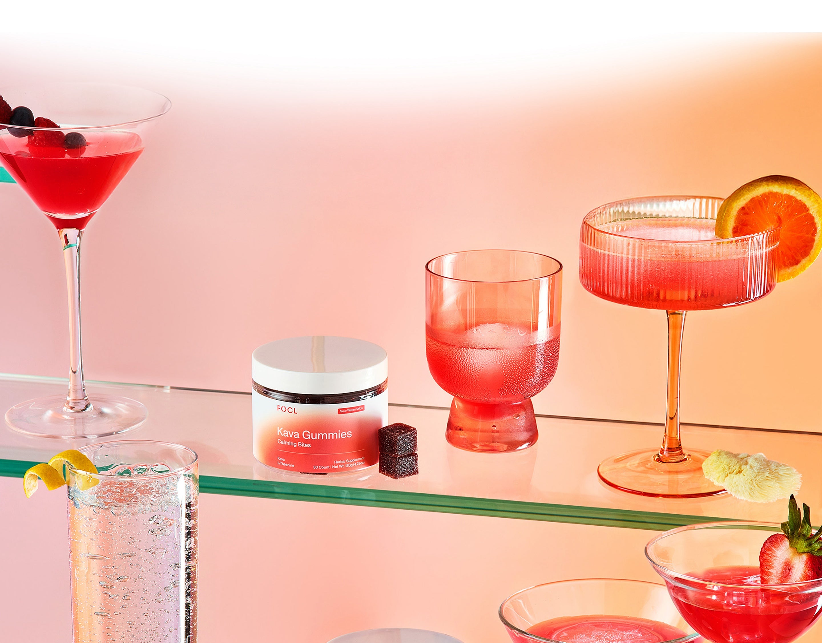FOCL wellness drink in elegant stemware, promoting calm and focus with plant-based ingredients.