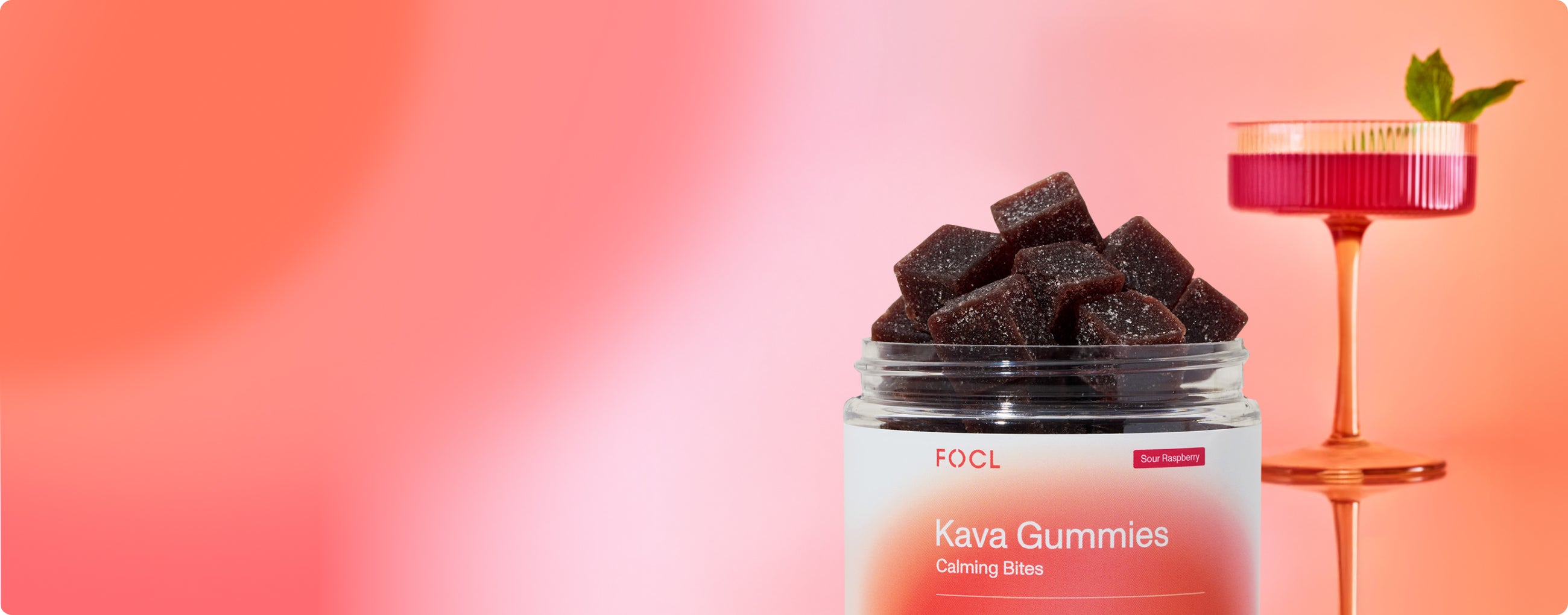 FOCL's Kava Gummies in red packaging, a plant-based supplement for calm and focus.