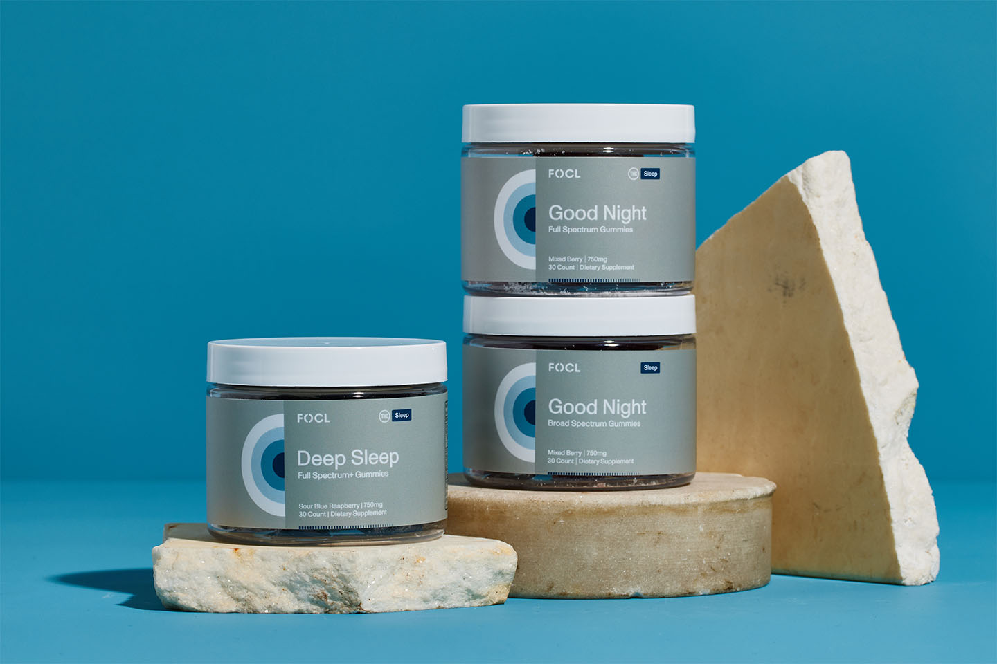 FOCL CBD Sleep Gummies in packaging - Promotes restful sleep and calm with plant-based ingredients.