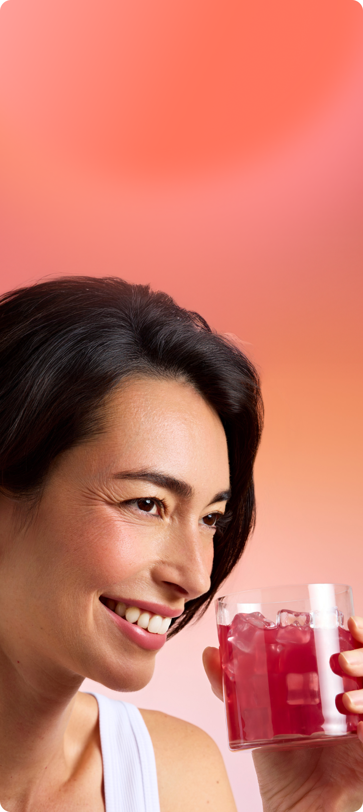 Banner - Woman sipping wellness juice from glass - Promoting calm and focus with FOCL supplements.