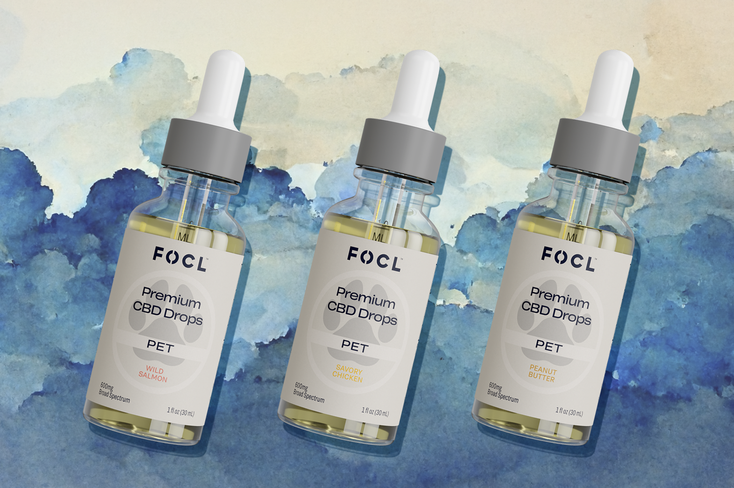 3 bottles of FOCL's Premium CBD Pet Drops. 