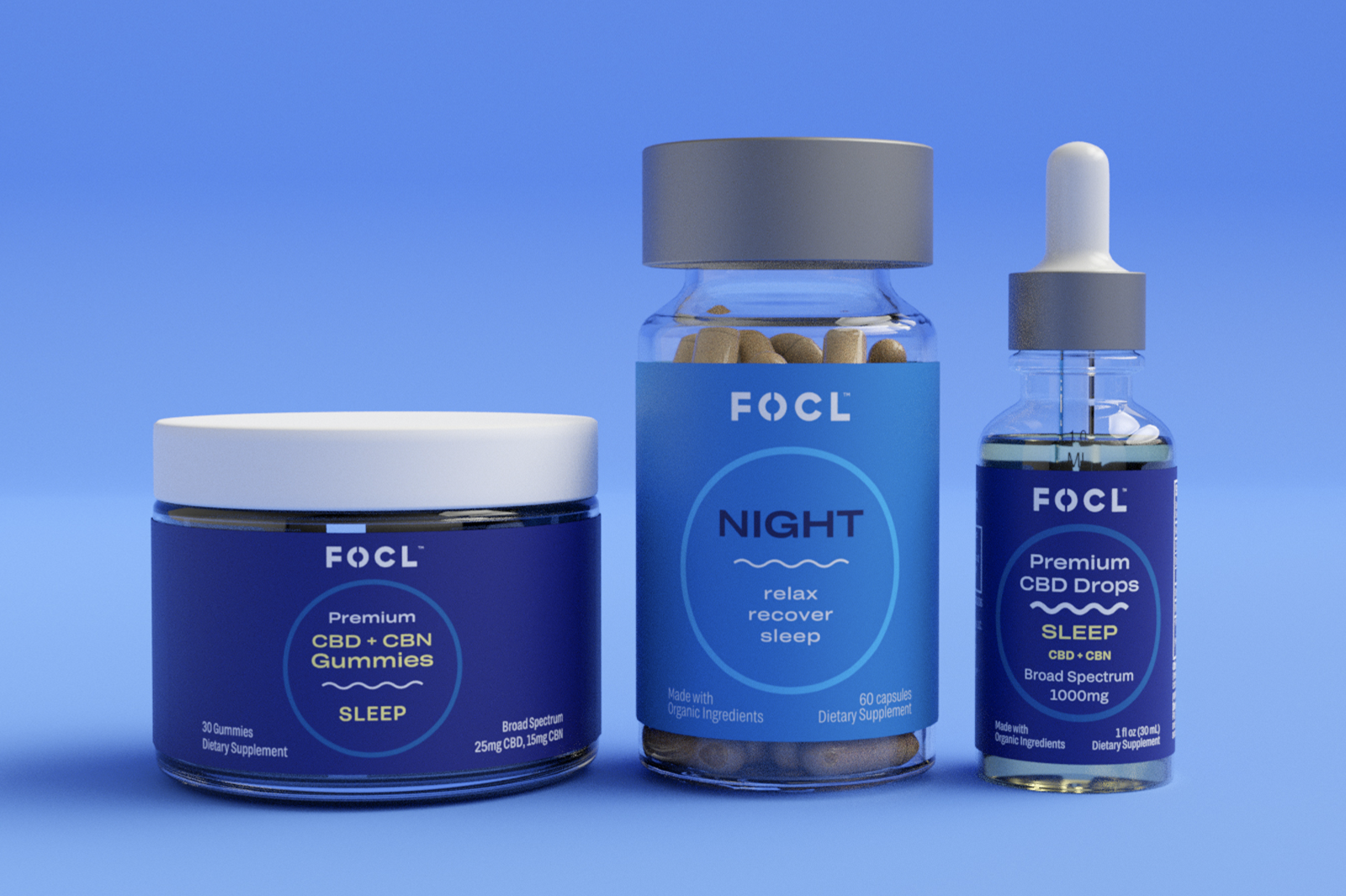 FOCL Sleep Gummies, Night capsules and Sleep Drops on a blue set.