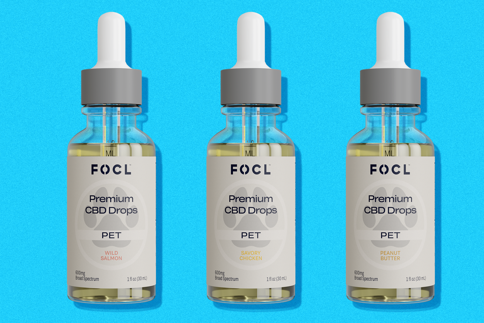 Bottles of FOCL's Premium CBD Pet Drops.