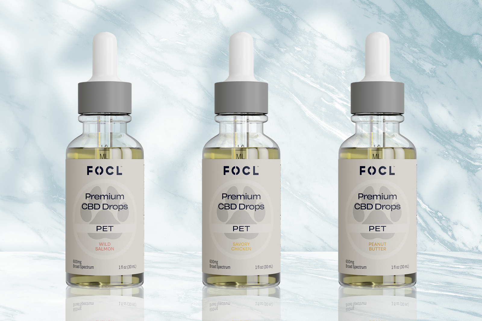 3 bottles of FOCL's Premium Pet CBD Drops.