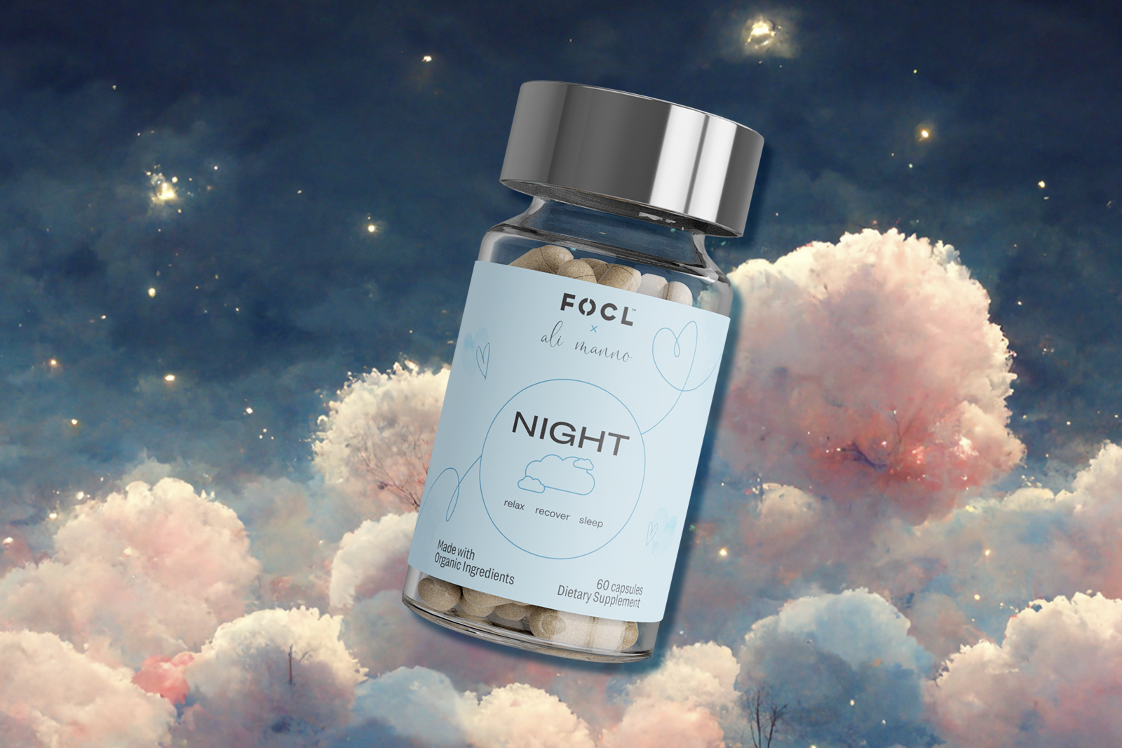 Bottle of FOCL x Ali Manno Night Capsules on a starry night background.