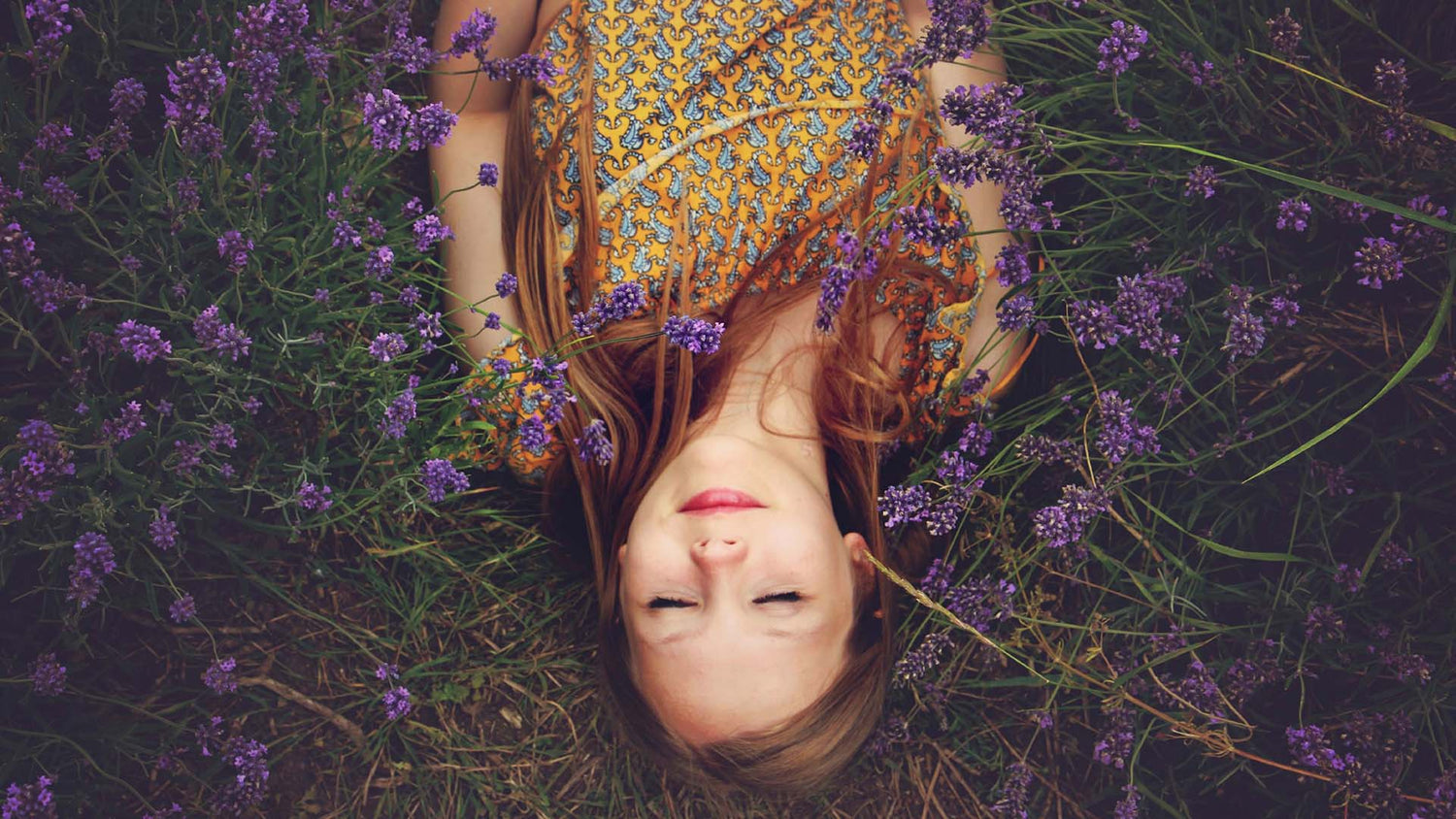 woman sleeping in a bed of lavender