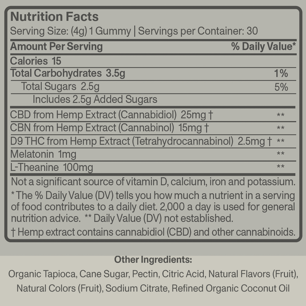 Nutrition facts label for a gummy containing CBD, CBN, D9 THC, melatonin, and L-theanine.