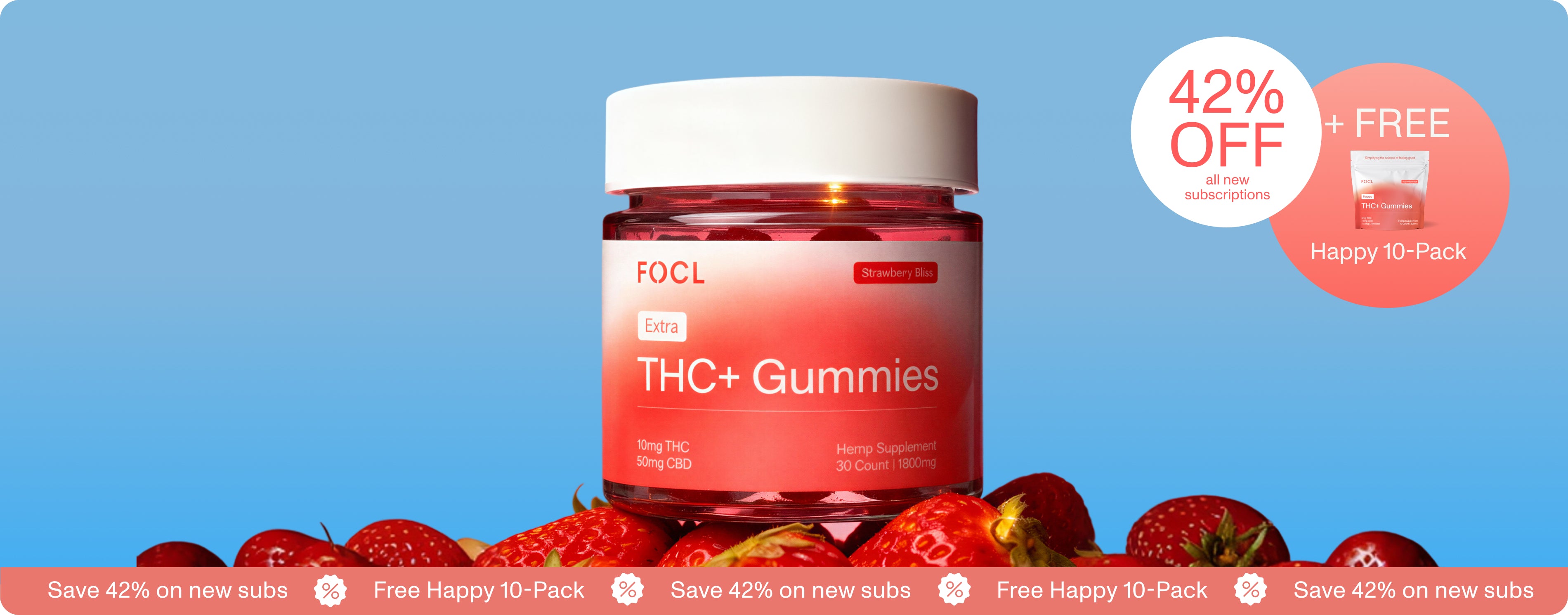 Jar of THC+ Gummies with promotional text on a blue background