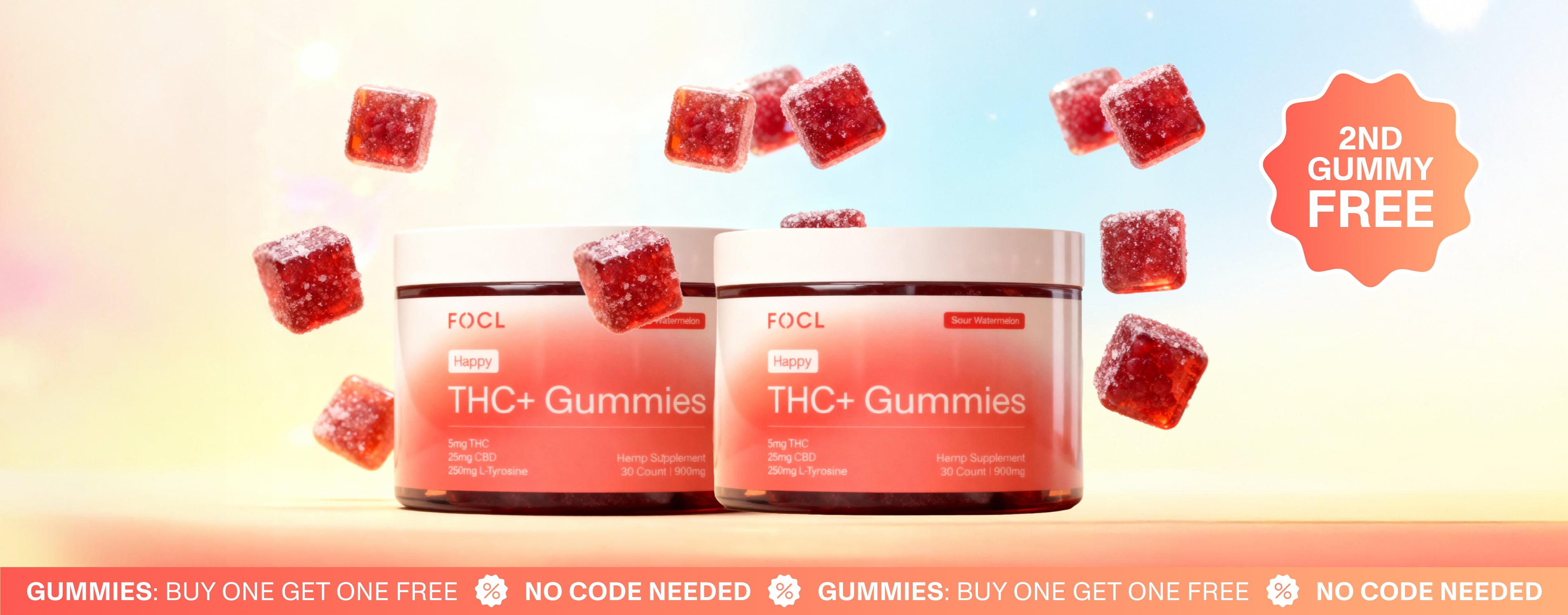 Two jars of THC+ Gummies with scattered gummies on a gradient background, featuring a promotional offer.