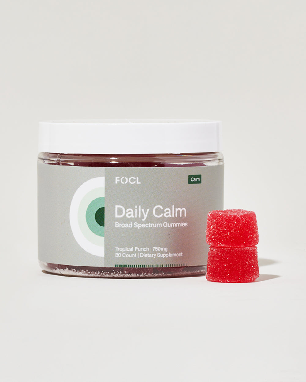 FOCL Daily Calm Gummies in packaging Plant-based supplements for stress relief and calm.