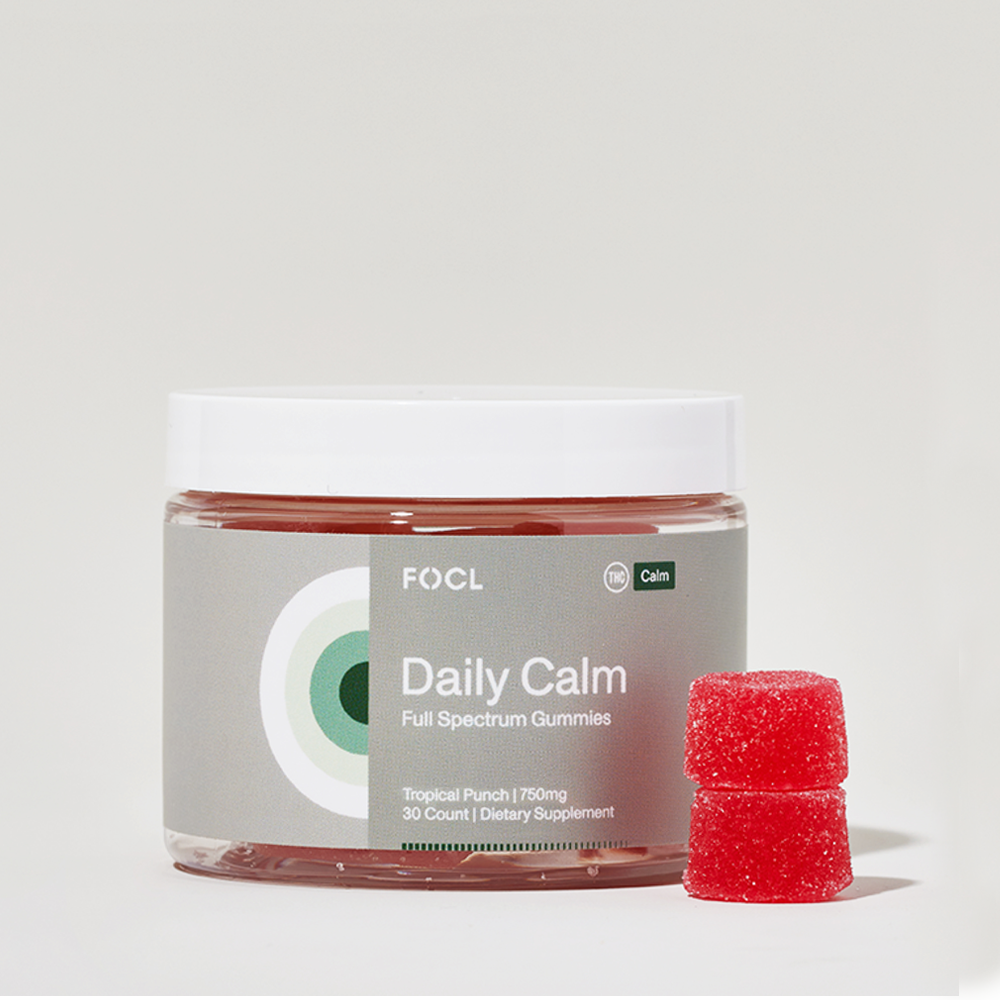 FOCL Daily Calm Gummies packaging Plant-based supplements for stress relief and calmness.