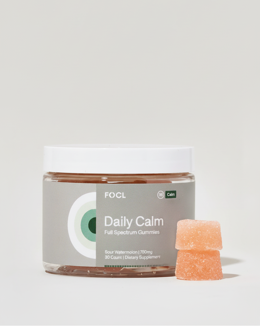 FOCL Daily Calm Gummies in Grey Packaging - Natural Stress Relief Supplement.