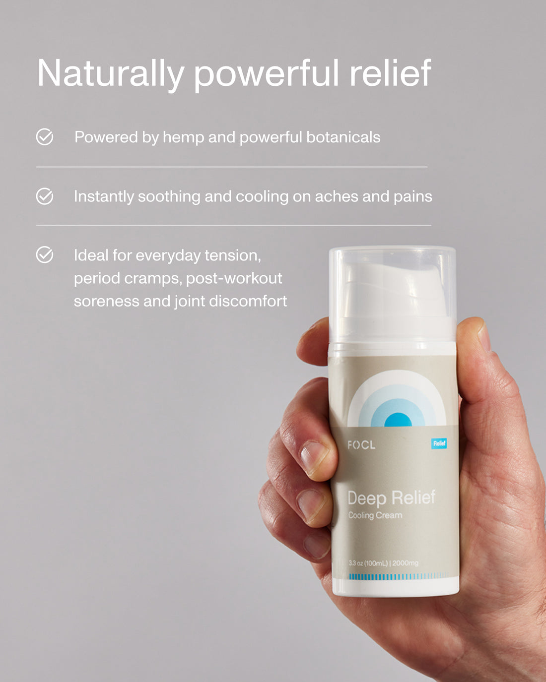 FOCL Deep Relief Cream bottle - Plant-based pain relief skincare product.