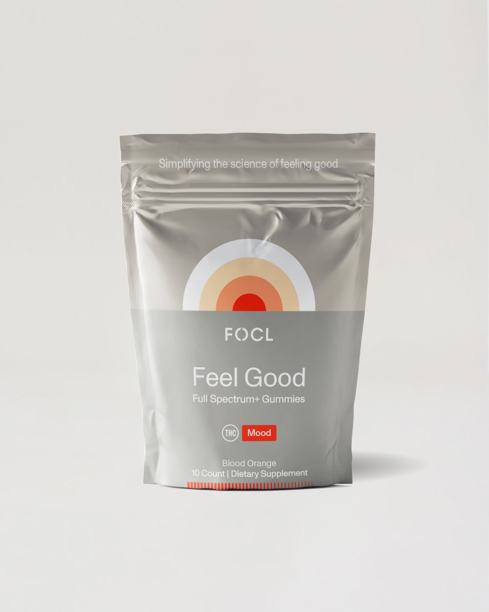 FOCL FeelGood 10-Count supplement bottle - promotes calm, focus, and relief with plant-based ingredients.