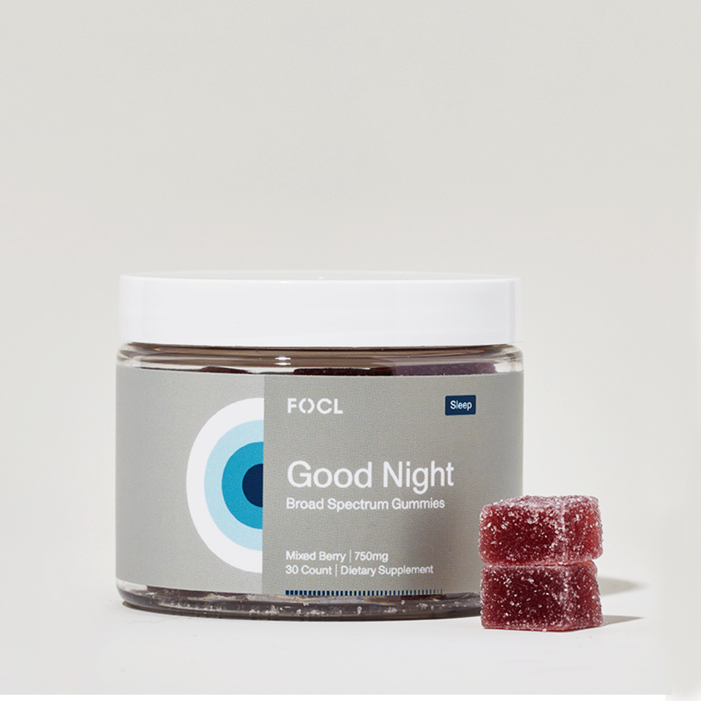 FOCL GoodNight Gummies in sleek grey packaging, promoting better sleep with plant-based ingredients.