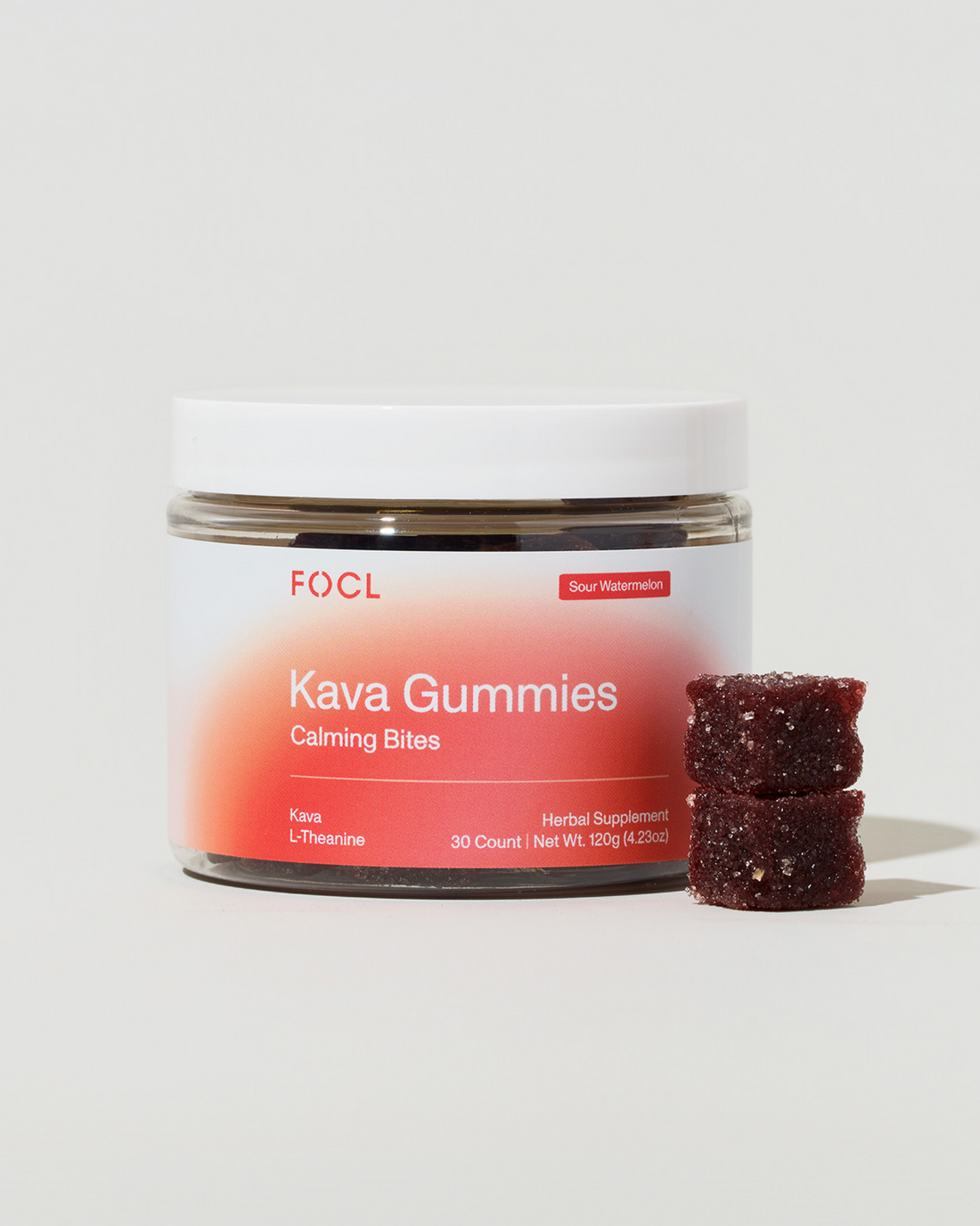 FOCL Kava Gummies - Berry-flavored wellness supplement in container - Promotes calm and stress relief.