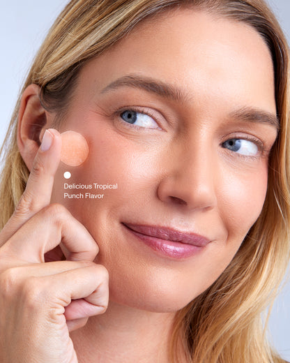 FOCL wellness product - Woman with radiant smile after using product - Promotes calm and focus.