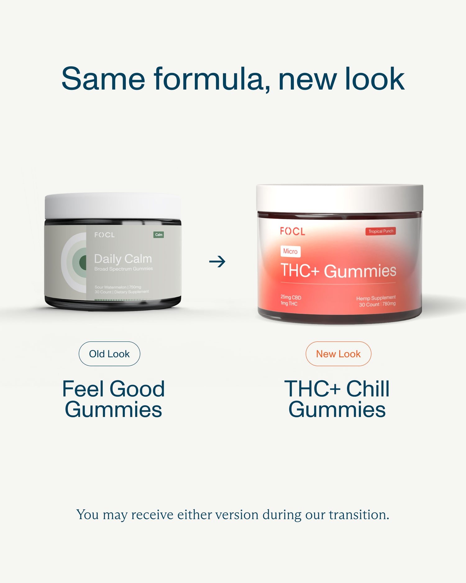 FOCL wellness supplements in storage containers promoting better sleep, calm, and focus with plant-based ingredients.