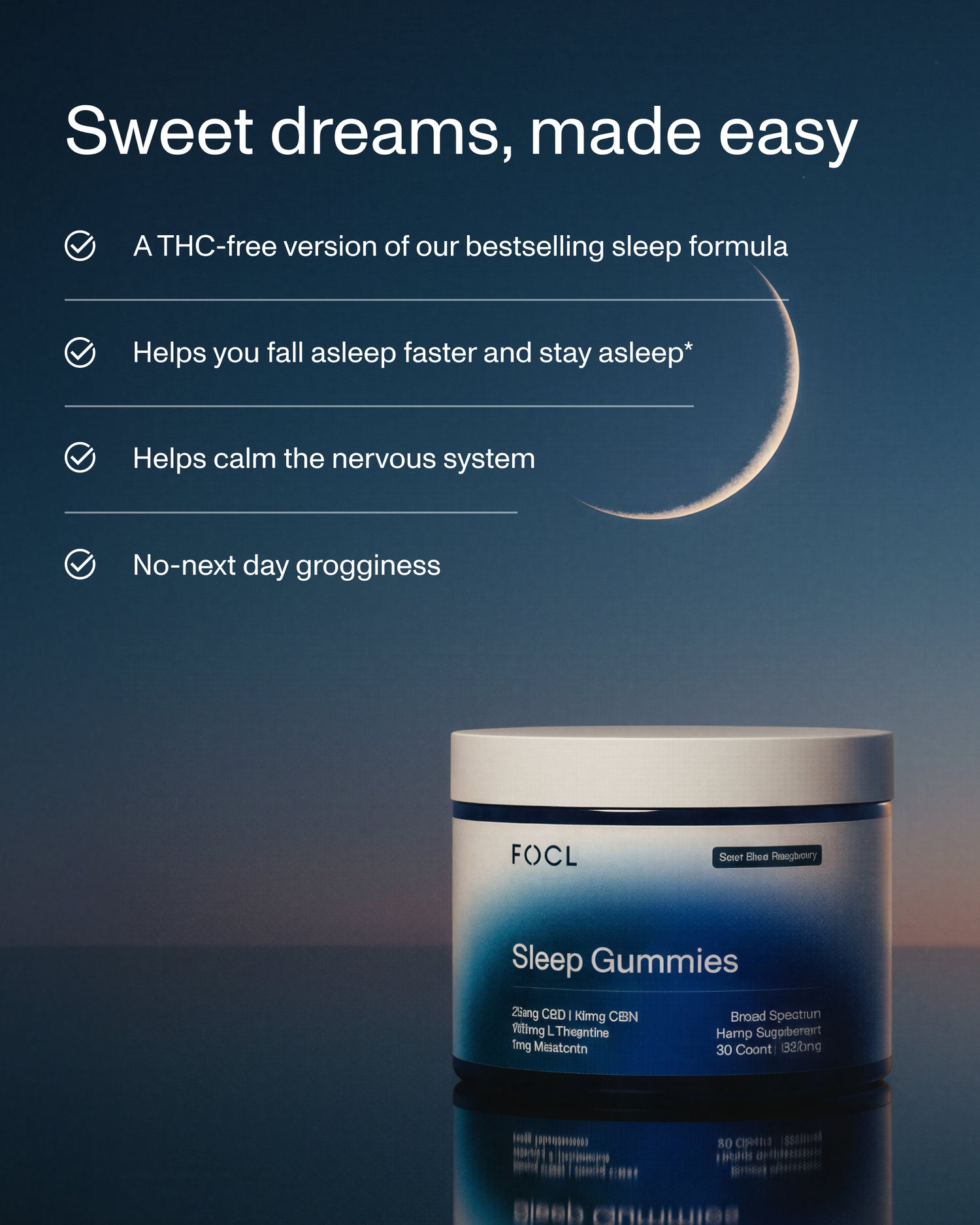FOCL Sleep supplement bottle - THC-free, plant-based ingredients for better sleep.