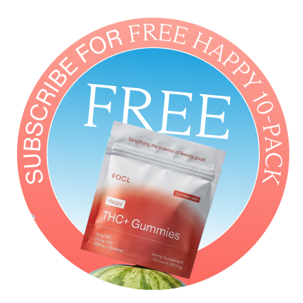 Promotional graphic for THC+ Gummies with a subscribe offer on a white background