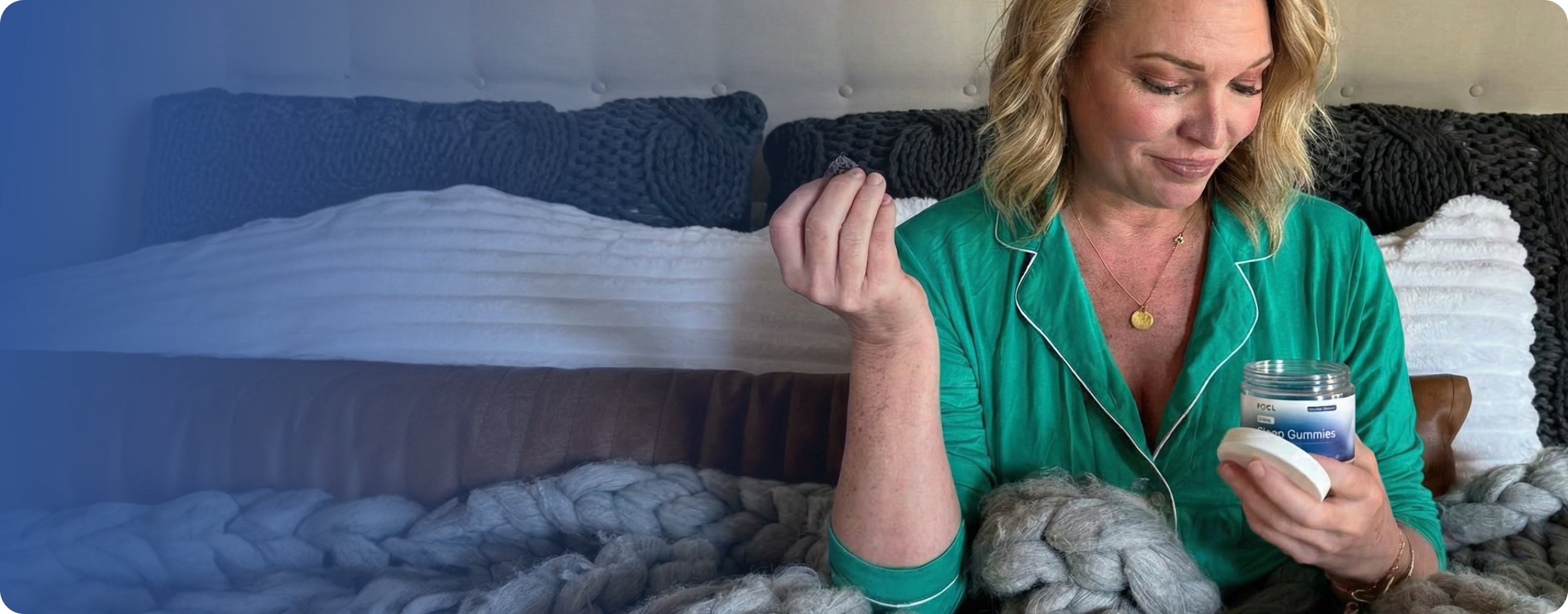 Jen relaxing with knitting - Comfortable wool linens - Promoting calm and focus with FOCL wellness products.